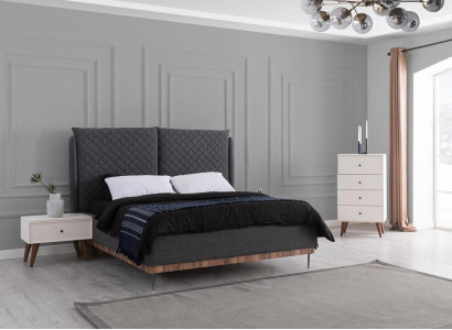 Bedroom Suite Black Double bed White 2x Wood Bedside tables